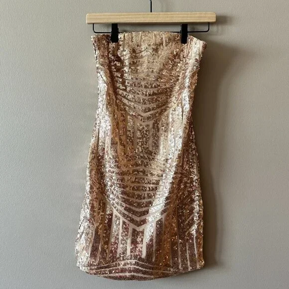 Women's S Fashion Nova Rose Gold Body-con Sequin Dress Strapless Fitted Bodycon - Picture 2 of 8